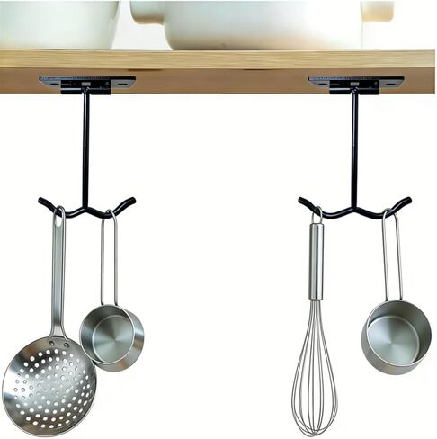 Under Cabinet Foldable Banana Hook (2 Pcs, Black) - Metal Folding Dual-Hook with Magnets, Easily Folds Up When Not in Use, Heavy Duty Under Cabinet Hanger for Bananas, Kitchen Utensils & Groceries in Saudi Arabia