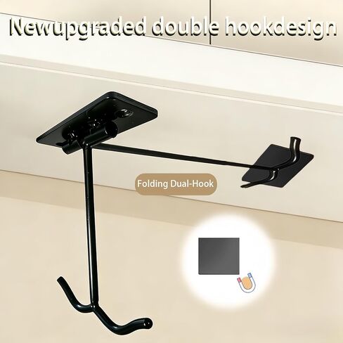 Under Cabinet Foldable Banana Hook (2 Pcs, Black) - Metal Folding Dual-Hook with Magnets, Easily Folds Up When Not in Use, Heavy Duty Under Cabinet Hanger for Bananas, Kitchen Utensils & Groceries in Saudi Arabia