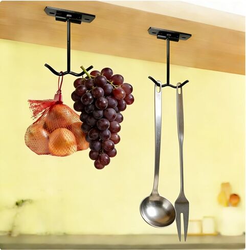 Under Cabinet Foldable Banana Hook (2 Pcs, Black) - Metal Folding Dual-Hook with Magnets, Easily Folds Up When Not in Use, Heavy Duty Under Cabinet Hanger for Bananas, Kitchen Utensils & Groceries in Saudi Arabia