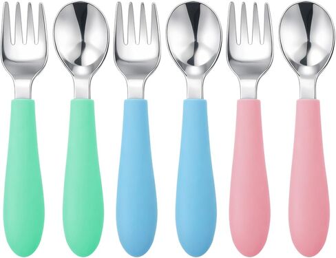 Pimoys 6 Pieces Toddler Utensils, Kids Forks and Spoons with Silicone Handle, Stainless Steel Toddler Silverware Set, Dishwasher Safe in Saudi Arabia