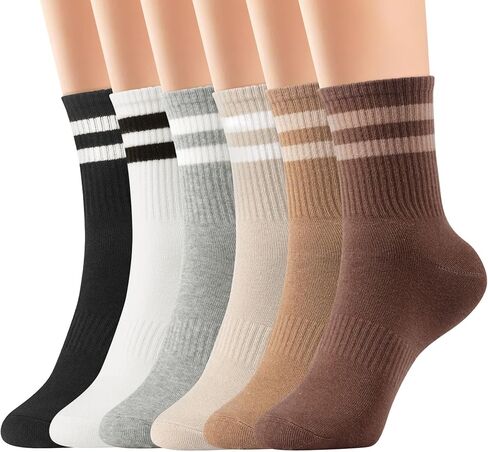 6 Pairs Crew Socks for Women Striped Cotton Causal Arch Support Soft Breathable Socks in Saudi Arabia