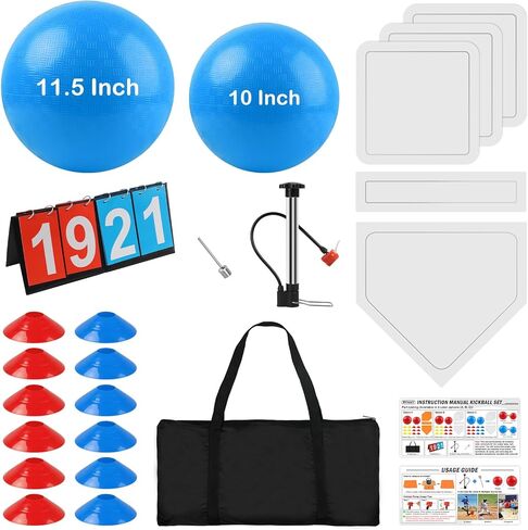 22Pcs Sports Kickball Set, Including 10" and 11.5" Playground Ball with Air Pump, 5 Rubber Throw Down Bases, 12 Soccer Disc Cones, Storage Bag, Scoreboard for Kids & Adults Playground Outdoor Backyard in Saudi Arabia