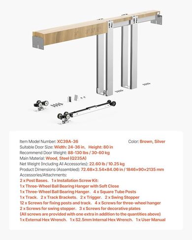 VEVOR Pocket Door Frame Kit, for 24-36 in Wide 80 in High Door, Pocket Door Kit with Two-Way Soft Close Mechanism, Slide Smoothly Quietly, Easy to Install, Premium Galvanized Steel, for Living Room in Saudi Arabia
