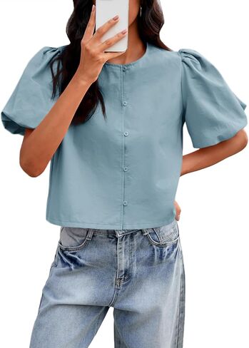 Tankaneo Womens Cropped Tops Puff Sleeve Button Down Shirts Trendy Casual Loose Fit Cute Blouse in Saudi Arabia