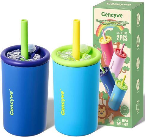 Gencywe 2 PACK Kids Double Walled Stainless Steel Cups with Straws and lids | 12 oz Spill-Proof Sippy Smoothie Tumbler Set, Small Kids Snack & Drink Water Cups, BPA-Free (Age: 3+ years old & up) in Kuwait