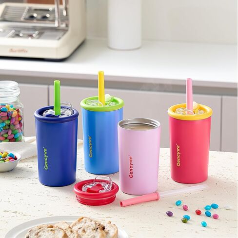 Gencywe 2 PACK Kids Double Walled Stainless Steel Cups with Straws and lids | 12 oz Spill-Proof Sippy Smoothie Tumbler Set, Small Kids Snack & Drink Water Cups, BPA-Free (Age: 3+ years old & up) in Kuwait