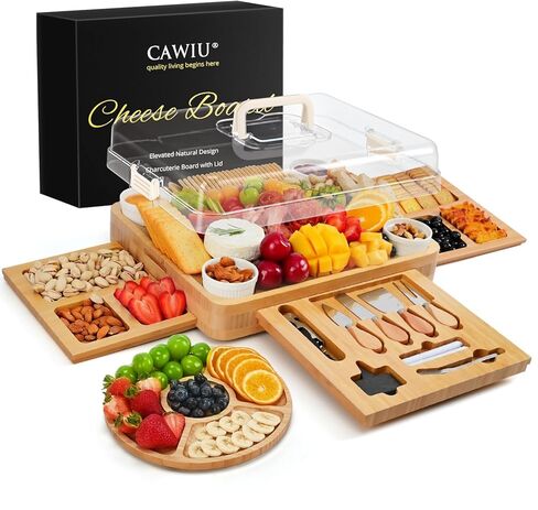 لوح تشاركوتيري مع غطاء من CAWIU - مجموعة ألواح جبن الخيزران الكبيرة مع أواني وأدراج - تدفئة المنزل، هدايا الزفاف للأزواج، صينية تقديم مع غطاء (أسود) in Kuwait