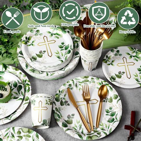 Sinmoe 400 Pcs Baptism Plates and Napkins Baptism Decorations First Communion Supply God Bless Disposable Paper Plates Cups Napkins Plastic Forks Knives Spoons for Baby Shower Set for 50 Guests in Saudi Arabia
