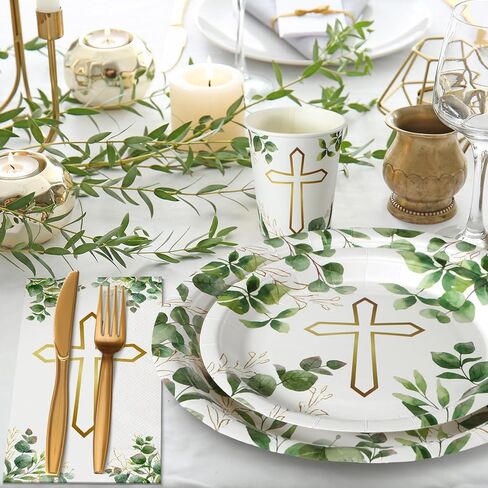 Sinmoe 400 Pcs Baptism Plates and Napkins Baptism Decorations First Communion Supply God Bless Disposable Paper Plates Cups Napkins Plastic Forks Knives Spoons for Baby Shower Set for 50 Guests in Saudi Arabia