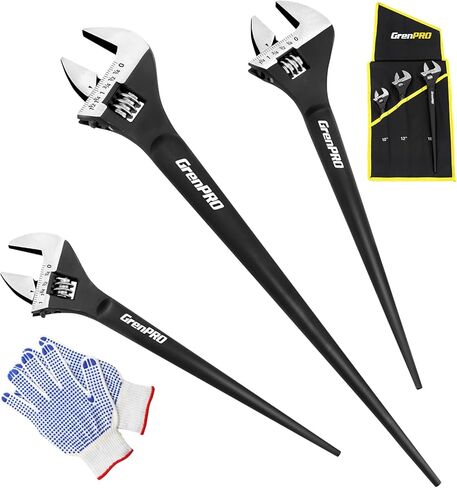 GRENPRO 4-Piece Adjustable Spud Wrench Set with Gloves, 10" 12" 16" Large Crescent Plumbers Wrenches sets for Crowbar Pipe Fitting Pipefitter Construction Tools, SAE/Metric Scales, CR-V, Black Oxide in Saudi Arabia