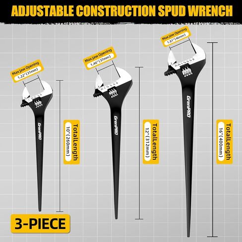 GRENPRO 4-Piece Adjustable Spud Wrench Set with Gloves, 10" 12" 16" Large Crescent Plumbers Wrenches sets for Crowbar Pipe Fitting Pipefitter Construction Tools, SAE/Metric Scales, CR-V, Black Oxide in Saudi Arabia