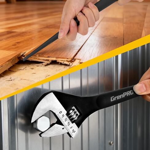 GRENPRO 4-Piece Adjustable Spud Wrench Set with Gloves, 10" 12" 16" Large Crescent Plumbers Wrenches sets for Crowbar Pipe Fitting Pipefitter Construction Tools, SAE/Metric Scales, CR-V, Black Oxide in Saudi Arabia