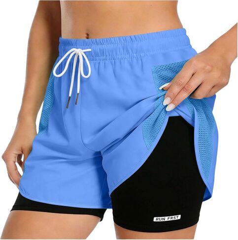 Athletic Shorts for Women 2 in 1 Elastic Waist Running Workout Short with Pockets Gym Yoga Sport Track Mini Bottom in Saudi Arabia