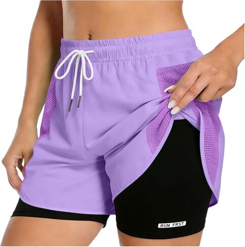 Athletic Shorts for Women 2 in 1 Elastic Waist Running Workout Short with Pockets Gym Yoga Sport Track Mini Bottom in Saudi Arabia