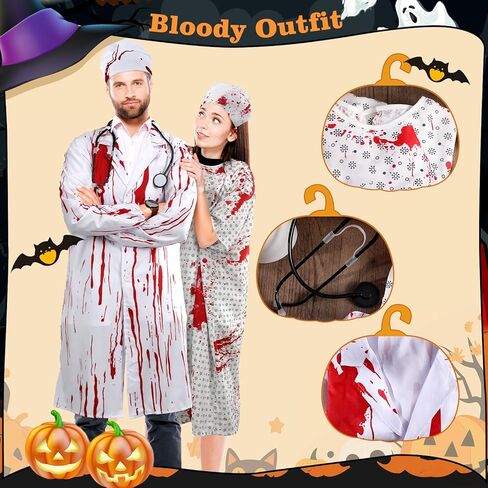 Skicuff Halloween للجنسين ثوب المستشفى - نمط دموي مطبوع أزياء الطبيب والمريض 2026 مع شاش الدم لفة الهالوين مجموعة زي الأزواج للحفلات التنكرية المخيفة للرجال والنساء in Saudi Arabia