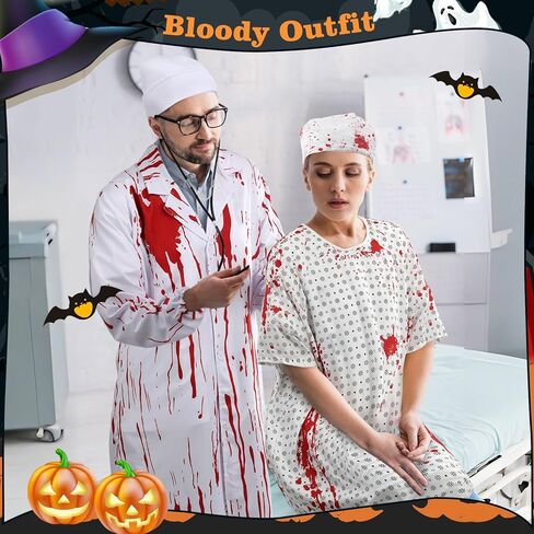 Skicuff Halloween للجنسين ثوب المستشفى - نمط دموي مطبوع أزياء الطبيب والمريض 2026 مع شاش الدم لفة الهالوين مجموعة زي الأزواج للحفلات التنكرية المخيفة للرجال والنساء in Saudi Arabia