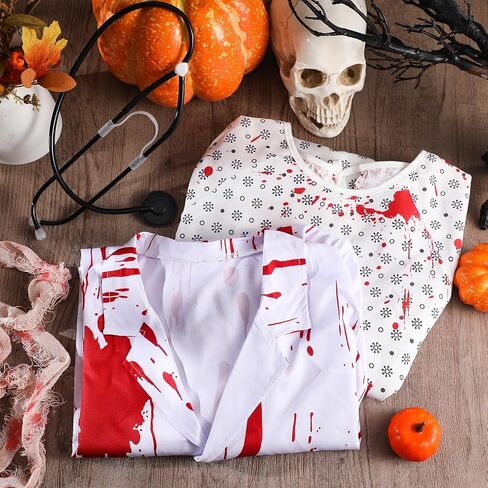 Skicuff Halloween للجنسين ثوب المستشفى - نمط دموي مطبوع أزياء الطبيب والمريض 2026 مع شاش الدم لفة الهالوين مجموعة زي الأزواج للحفلات التنكرية المخيفة للرجال والنساء in Saudi Arabia
