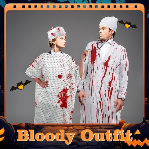 Skicuff Halloween للجنسين ثوب المستشفى - نمط دموي مطبوع أزياء الطبيب والمريض 2026 مع شاش الدم لفة الهالوين مجموعة زي الأزواج للحفلات التنكرية المخيفة للرجال والنساء in Saudi Arabia