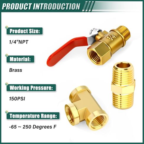 6 قطعة 1/4 "NPT، صمام كروي نحاسي، تي شيرت بارستوك، طقم تركيب الحلمة، للوقود/الهواء/المياه/الغاز/النفط in Saudi Arabia