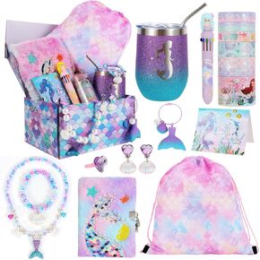 LiYiQ Mermaid Gifts for Girls Aged 6-12 Journal Kit for Kids Little Mermaid Toys Gift Basket with Scrapbook Diary Supplies Set Backpack Tumbler Jewelry Makeup Keychain Teen Girl Gifts Trendy Stuff