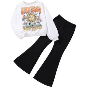 SweatyRocks Girl's 2 Piece Outfits Letter Graphic Long Sleeve Pullover Sweatshirt and Flare Pants Set