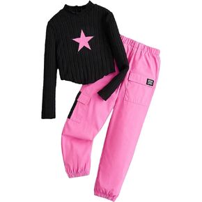 Floerns Girl's 2 Piece Outfit Rib Knit Long Sleeve Tee with Cargo Pants Set