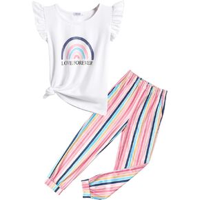 Arshiner 2 Piece Girl Clothes Outfits Spring Summer Ruffle Trim Tank Top Shirts and Pant Set with Pockets