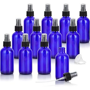 JUVITUS 4 oz Cobalt Blue Glass Boston Round Bottle with Black Fine Mist Sprayer (12 pack) + Funnel