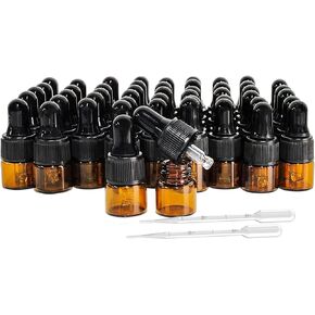 50PCS Amber Glass Dropper Bottles 1ml Mini Essential Oil Dropper Bottles Glass Vials with Glass Eye Dropper for Travel Sample Vials