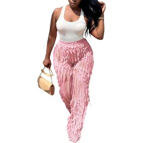 Women High Waist Sexy See Through Ruffle Wave Wide Leg Palazzo Pants Stretchy Tassel Long Sheer Mesh Trousers