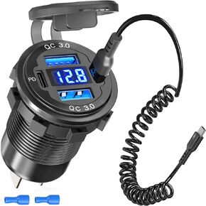 12V USB C Outlet 78W 4 Ports Aluminum Car Charger Socket, Dual PD 30W and Dual QC 18W Car USB Port 12V Charger with Voltmeter and C to C Cable, Suitable for Boat Marine Bus Truck Golf RV Motorcycle