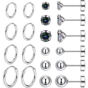 10 Pairs Surgical Steel Earrings Sets for Multiple Piercing, Lightweight Small Huggie Hoop Earrings, Flat Back Tiny Ball CZ Stud Earrings for Cartilage, Helix, Lobe, Hypoallergenic