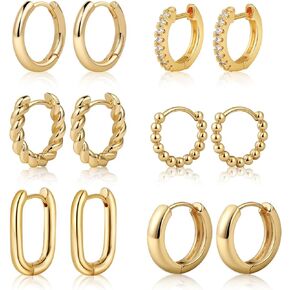 Tasiso Small Hoop Earrings for Women, 6 Pair 14K Gold Plated Huggie Hoop Earrings Lightweight Hypoallergenic Earring Set Cute Earrings Pack for Women Girls Trendy Jewelry Gifts