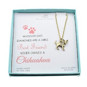 Chihuahua Charm Pendant in 24K Gold Plated Pewter on an 18 Inch Gold Stainless Steel Cable Chain with Two Inch Extender. Chihuahua Necklace.