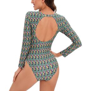 Women's Long Sleeve Bathing Suit One Piece Swimsuit Floral Print Backless Swimwear