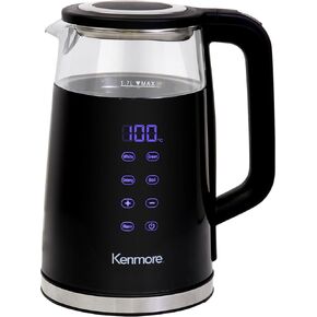 Kenmore Electric Tea Kettle 1.7L Hot Water Boiler Heater Digital Display 4 Temperature PreSets Touch Activated Controls Cordless Pouring Cool Touch Keep Warm Glass Double Walled Auto Shut Off