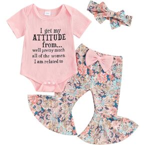 Baby Girl Clothes Summer Letter Short Sleeve Romper Tops Boho Floral Flared Pants Headband Newborn Outfits