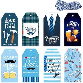 120Pcs Father's Day Gift Tags Happy Father's Day Paper Tags Best Dad Mustache Hanging Labels Love You Dad Tie Label Tags with 65.6 Feet Twines for Father Party Birthday DIY Craft Gift Wrapping