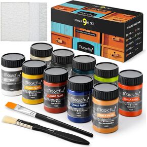 Magicfly 15 Pcs Chalk Furniture Paint Set, 9 Colors Ultra Matte Finish Acrylic Craft Paint Set (60 ml/2 oz) with 1 Liquid Wax, 2 Brushes, 3 Sandpapers, Perfect for Home Decor, Crafts-Farmhouse
