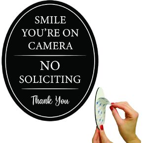 4" x 5" Smile You're on Camera & No Soliciting Sign for House, 3M Self-Adhesive for Door,Window,Wall, Durable Quality Aluminum Metal Surface, Home,Business,Office, Thank You, Black