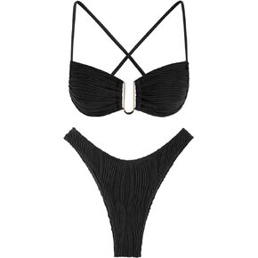 ZAFUL Women Bikini Sets Ribbed Texture U Metal Criss Cross High Cut Swimsuit Back Tie Bathing Suit with Cheeky Thong Bottoms