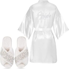 2 Pcs Bride Gifts Bride Robe with Slippers Satin Rhinestone Wedding Day Robe Slippers for Women Bridal Proposal Party