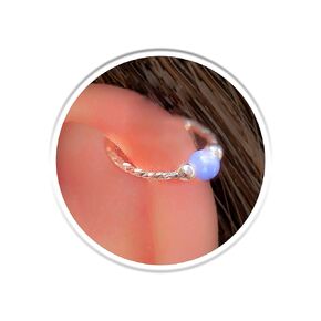 20G Hammered Helix Ring With Blue Opal - 925 Silver Cartilage Hoop For Women Men - Hypoallergenic Piercing Jewelry