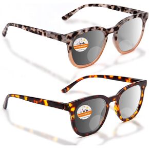 LianSan 2Pack Photochromic Bifocal Reading Sunglasses for Women - Ladies Transition Sun Readers Large Frame with Spring Hinge(Tortoise+Pink,+1.5x)