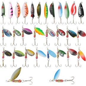 30pcs Spinner Baits Fishing Lures with Storage Tackle Box Spinnerbaits Hard Metal Spoon Fishing Lures Kit with Treble Hook for Bass Trout Perch Salmon Walleye Saltwater Freshwater