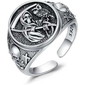 Santa Muerte Ring for Men Sterling Silver Owl Skull Grim Reaper Ring Heart Crystal Oxidation Skull Holy Death Scythe Aumelt Ring Santa Muerte Jewelry Gifts for Father Christmas