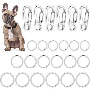 Dog Tag Clips with Rings, 6 PCS Dog ID Tag Clips 18 PCS Tag Rings Stainless Steel Pet Tag Clip Easy Change Dog ID Tag Holder Quick Release for Dog Cat Collar and Harness 1.3 x 0.6 in