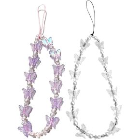 2PCS Colorful Butterfly Beaded Cell Phone Lanyard Strap Charms Handmade Imitation Pearl Wristlet Keychain Anti-Lost Mobile Phone Chain in Kuwait