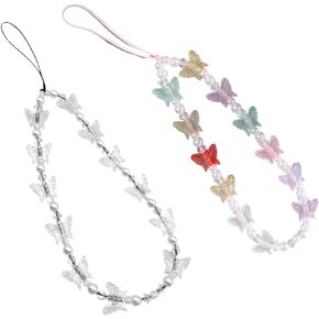 2PCS Colorful Butterfly Beaded Cell Phone Lanyard Strap Charms Handmade Imitation Pearl Wristlet Keychain Anti-Lost Mobile Phone Chain