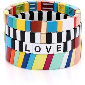 Enamel Tile Bracelet Stackable Rainbow Tile Bead Love Stretchy Bracelet Colorblock Enamel Brite Bracelet for Women Set of 4 Strands